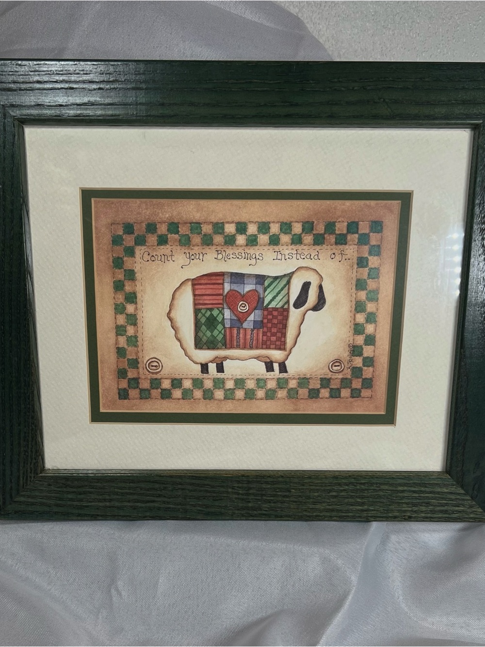 Vintage Primitive Folk Art Framed Sheep Print “Count Your Blessings” 10x12